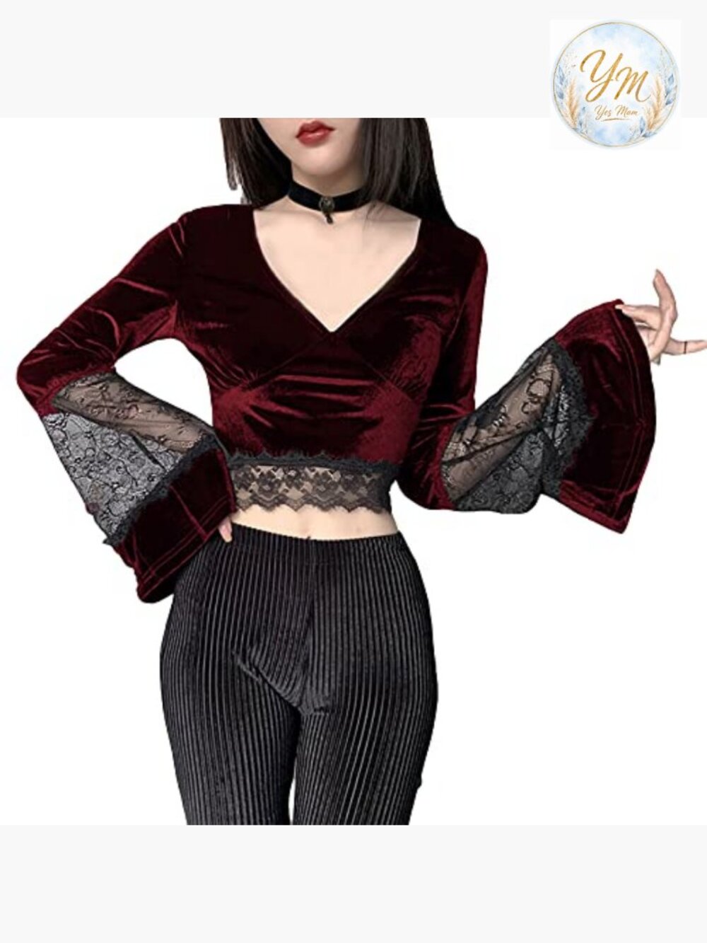 Gothic Velvet Lace Patchwork Crop Top Long Sleeve V Neck - Picture 3 of 5